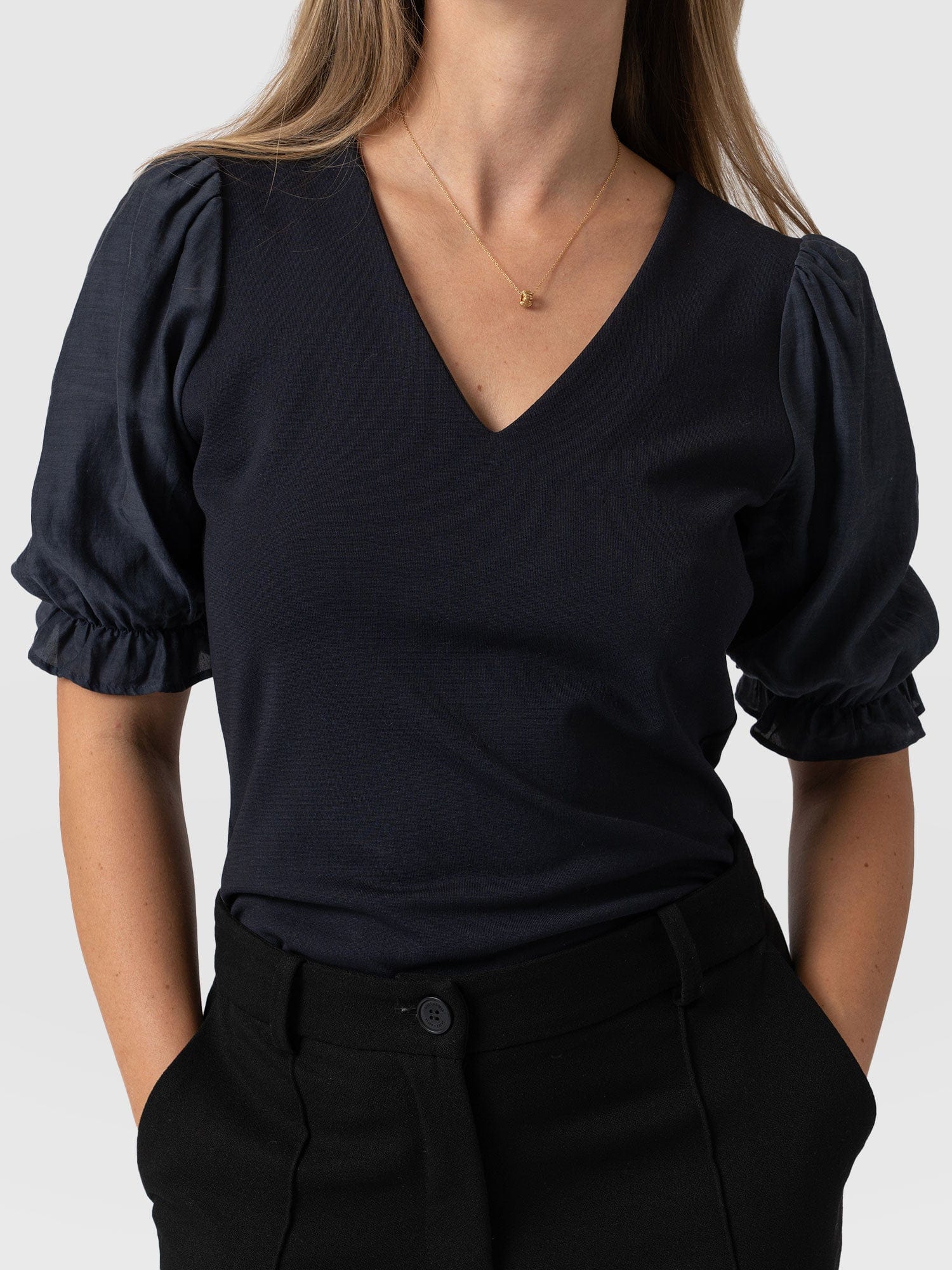 Tori Puff Sleeve Top Navy Ponte - Women's Tops | Saint + Sofia® EU